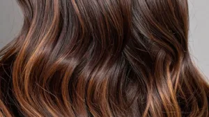 Image de cheveux chatains avec un balayage caramel