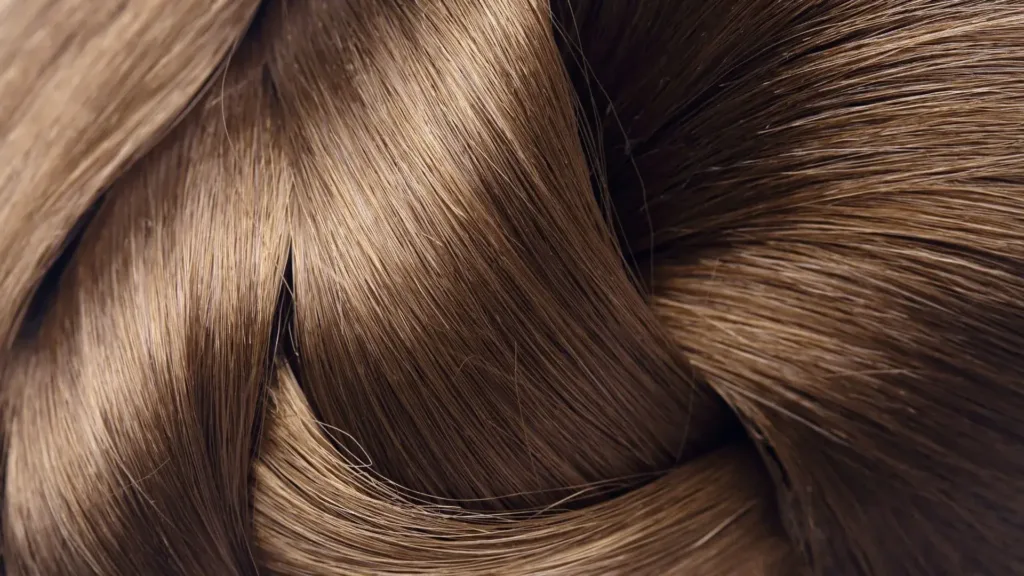 Gros plan sur la texture de cheveux bruns sains et brillants.