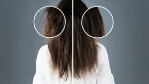 Comparaison avant/après de cheveux abîmés et de cheveux réparés, avec des cercles pour accentuer la différence.