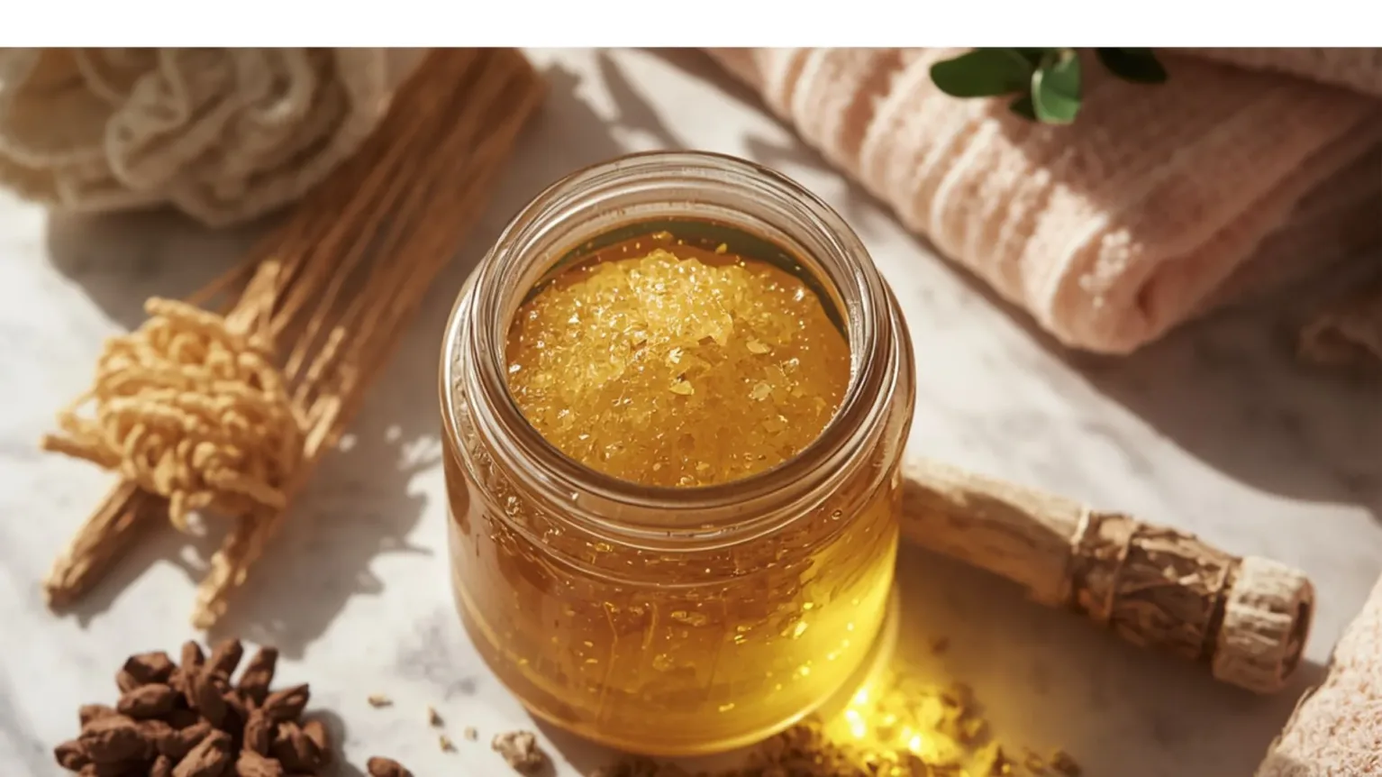 pot en verre avec ingrédients pour un gommage du cuir chevelu