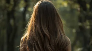 femme de dos avec cheveux brun dans la nature