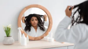femme devant un mirroir tenant ses cheveux et produits capilaires