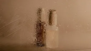 produits cosmétiques derrière une vitre avec de la buée