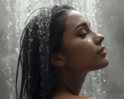 femme sous la douche qui se rince les cheveux
