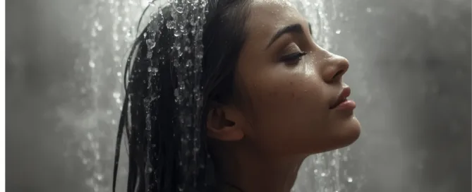 femme sous la douche qui se rince les cheveux