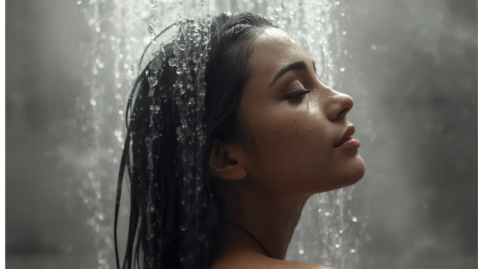 femme sous la douche qui se rince les cheveux